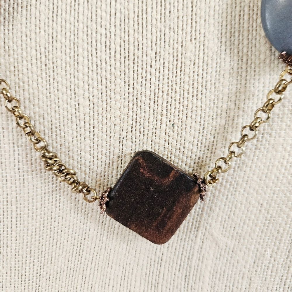 Vintage Wooden Earthy Beaded Geometric Chunky Artisan Folk Art Chain Necklace - Picture 3 of 9